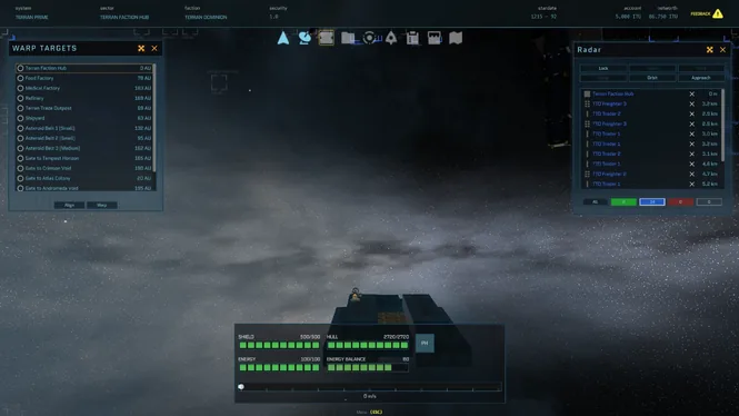 Auto-Astra in-game HUD with radar, warp targets, and shield, hull, and energy readouts