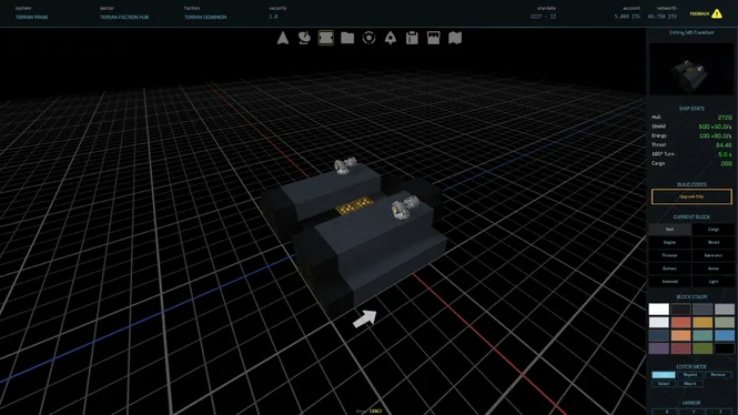 Auto-Astra voxel ship blueprint editor showing block-by-block ship design