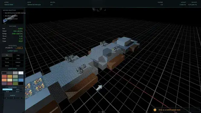 Auto-Astra voxel ship blueprint editor showing block-by-block ship design